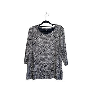 Lucky Brand Black & White Boho Paisley Print 3/4 Sleeve Top 2X Women’s